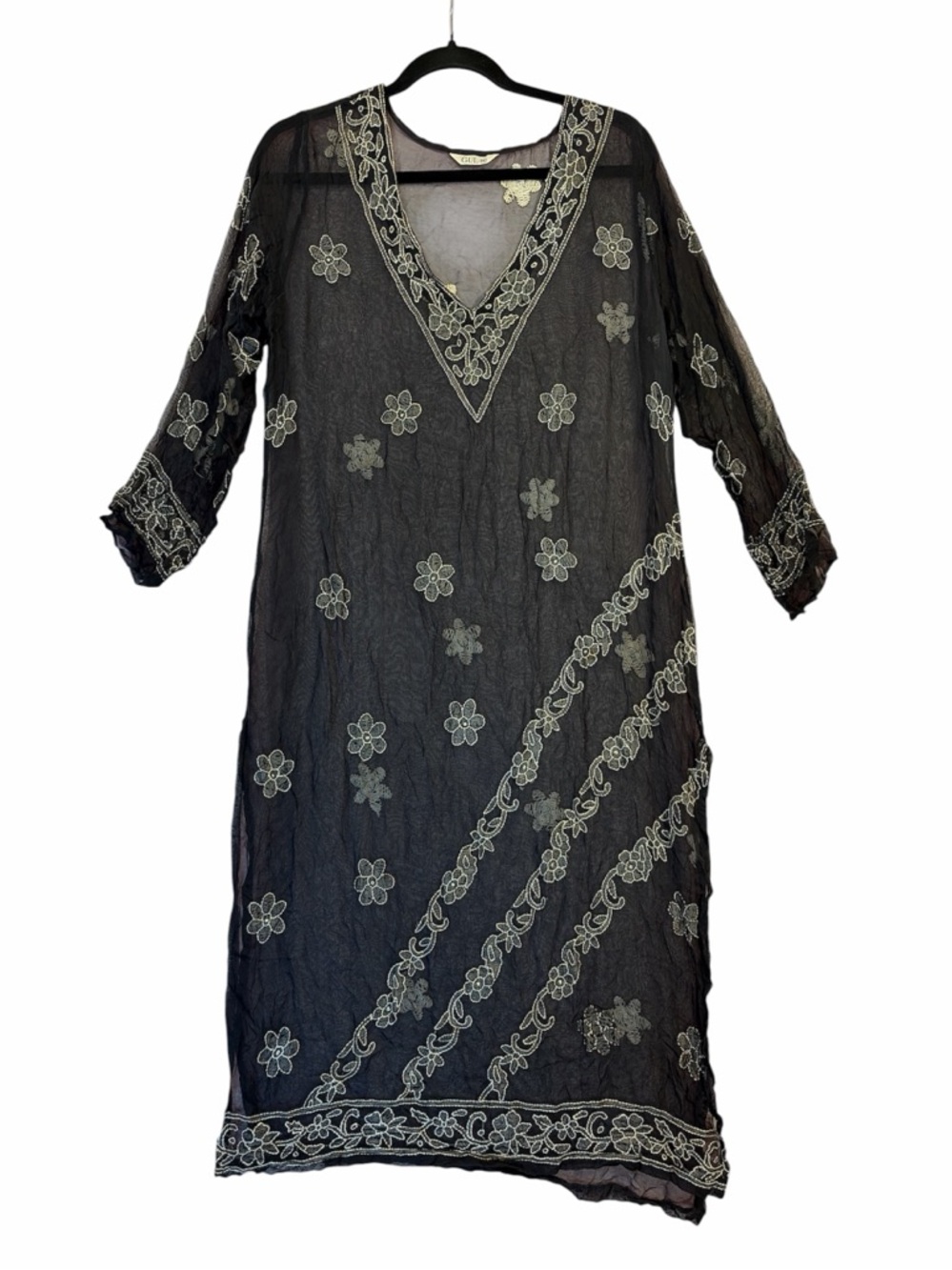 Sheer Black Embroidered V-Neck Swimsuit Coverup. Size Medium